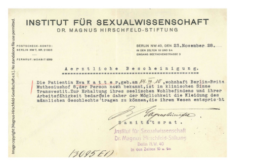 Transvestite pass from the Institute for Sexual Science for Eva Katter, Berlin