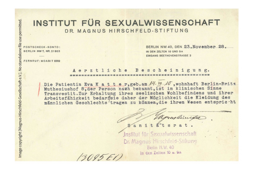 Transvestite pass from the Institute for Sexual Science for Eva Katter, Berlin